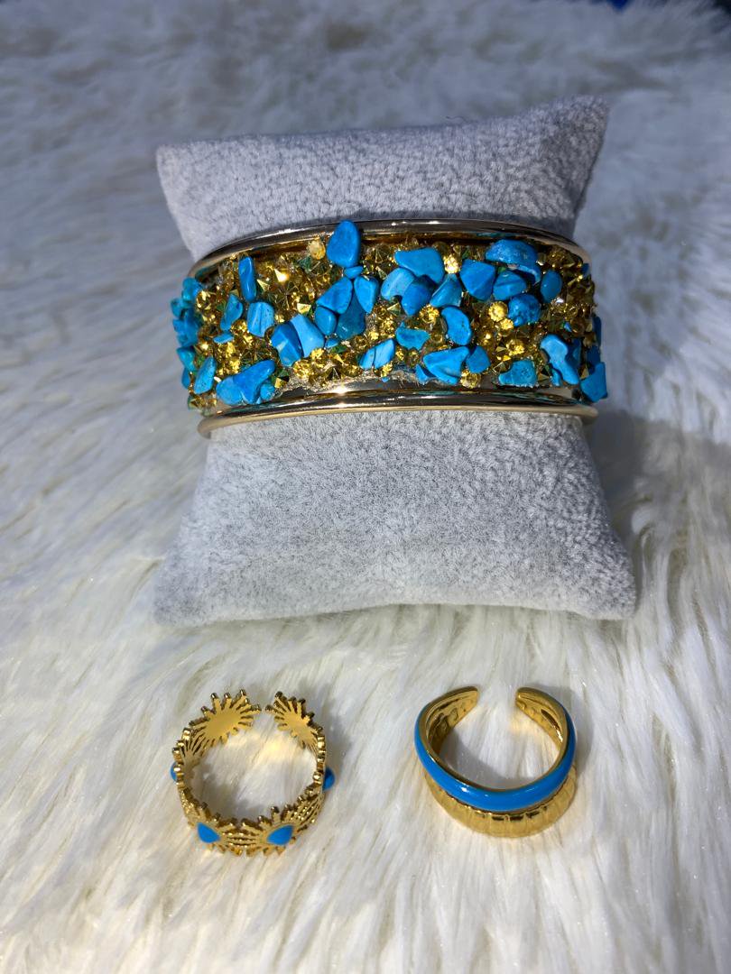 Turquoise Stone Cuff Bangle & Rings Set