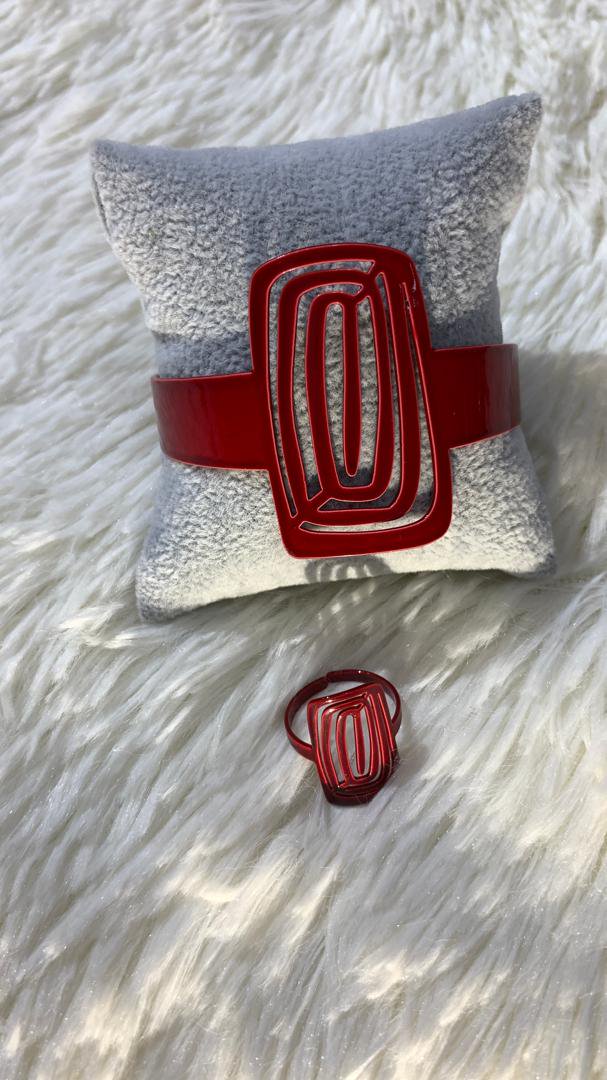 Red Cabochon Cuff Bangle & Ring Set